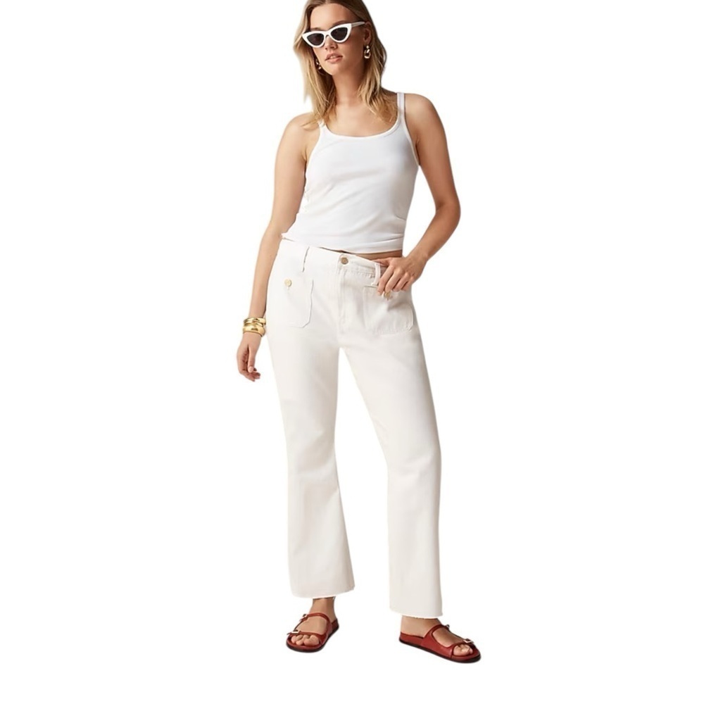 J Crew White Sailor Mid Rise Relaxed Demi Boot Jean Womens Size 27 Gold Buttons